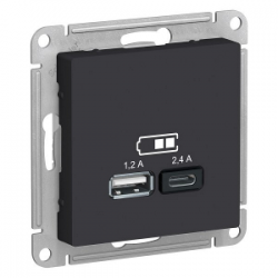 ATN001039 Розетка USB для зарядки Тип А+С 1,2А/2,4А Карбон - Atlas Design Schneider Electric